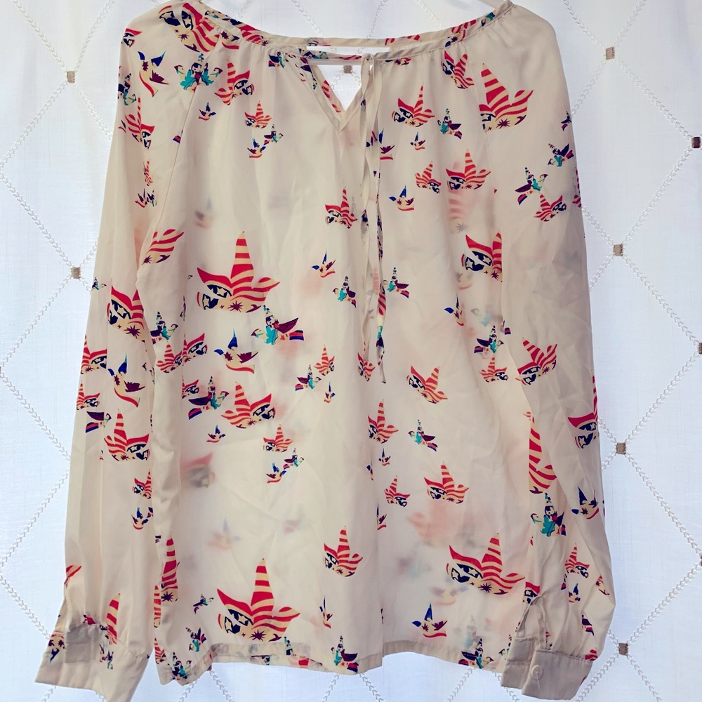 Long Sleeve Birds Print Chiffon Shirt
